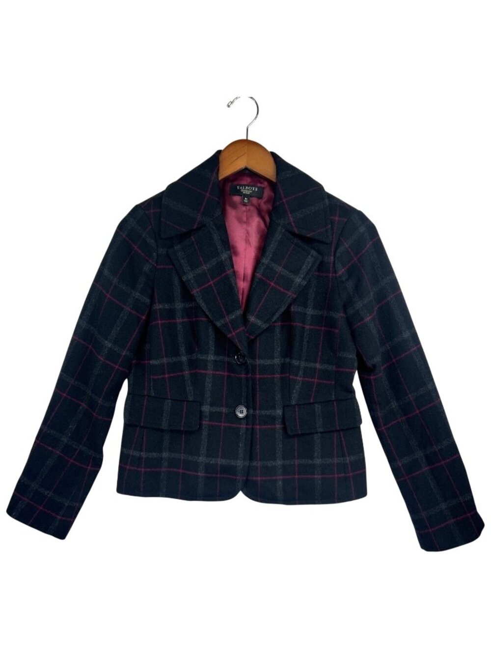 Talbots Plaid Wool Blazer Women's 8P Pink Black Gray Cropped Office Academia